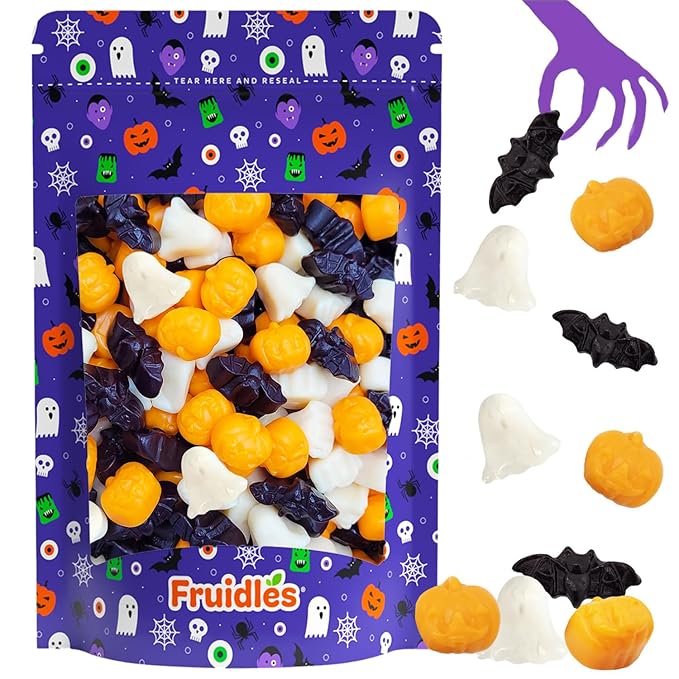 Fruidles Halloween Ghoulish, Ghosts, Bats, and Pumpkin Gummies, Fun And Festive Holiday Snacking (8oz, Half-Pound)