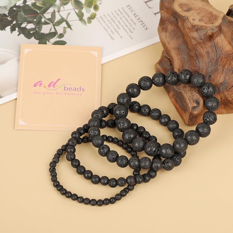 AD Beads Handmade Gemstone Stretch Elastic Bracelet Crystal Healing Reiki Nature's Beauty and Spiritual Essence Unisex (12mm, Black Lava (Warmth Generator))