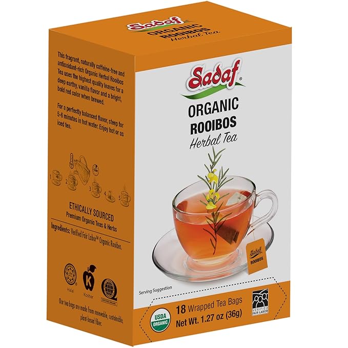 Sadaf Organic Rooibos Tea - Rooibos Tea Bags - Caffeine-Free and Antioxidant Herbal Tea - Halal - Kosher - 18 Wrapped Tea Bags