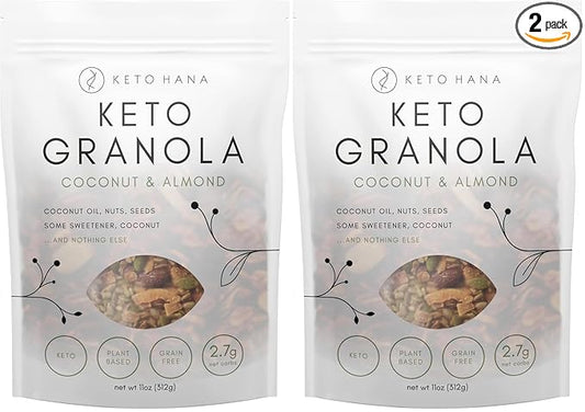 Keto Hana Keto Nut Granola (11oz), Coconut & Almond Plant Based- Low Carb, Low Calorie, High Protein (2g Net Carbs) (Pack of 2)