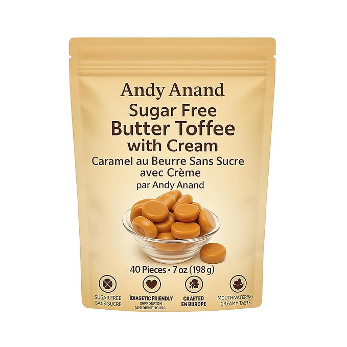 Andy Anand Chocolatier Sugar Free Butter Toffee Hard Candy With Cream Made in Europe Gluten Free, Mouthwatering Experience With Diabetic-friendly, Stevia Sweetened Candy (40 Pcs, 7 Oz)