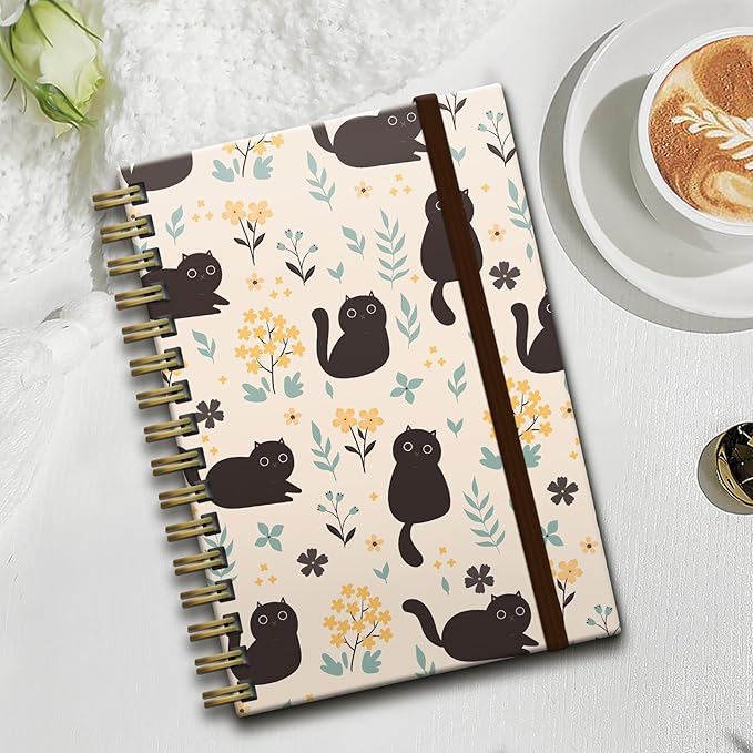 Cute Spiral Notebook, Journal for Women, Hardcover Spiral Journal, 5.5 x 8.3 Inches, 120 Pages,100gsm Paper, for Gifts Nurse Teacher Women Office Supplies(Cute Black Cat)