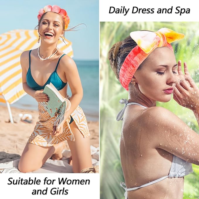 VELSCRUN Spa Headband, Makeup Face Wash Skincare Headbands, 6 Pcs Orange Sponge Bow Tie Get Ready HairBand Facial Wristband Set, Stuff for Teen Girls Women Trendy Fashion Hair Accessories