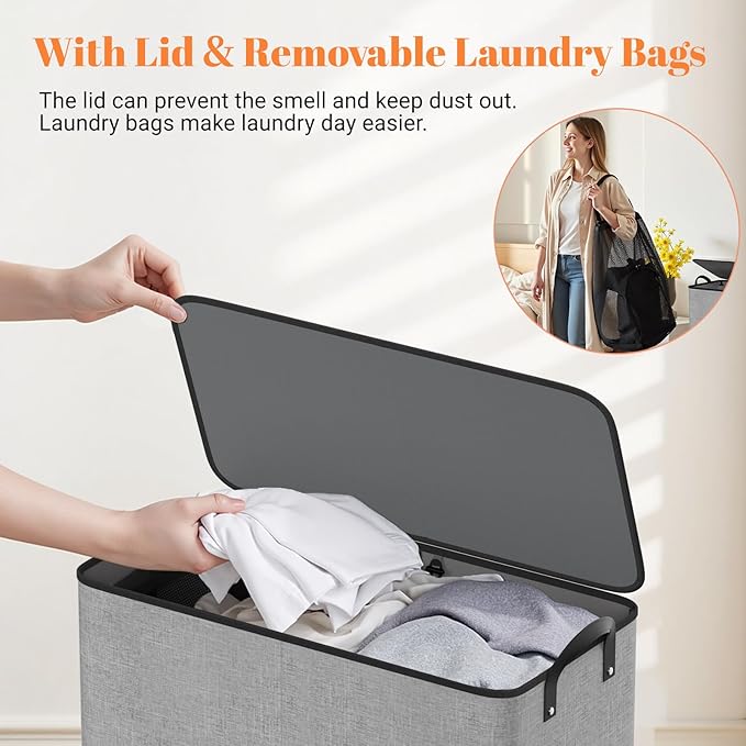 Large Double Laundry Hamper with Lid, Removable Bags & Reinforced Handles, 2 Section Tall Laundry Basket, Dirty Clothes Hampers for Laundry Room, Bedroom, Bathroom, Dorm, 155L, Gray