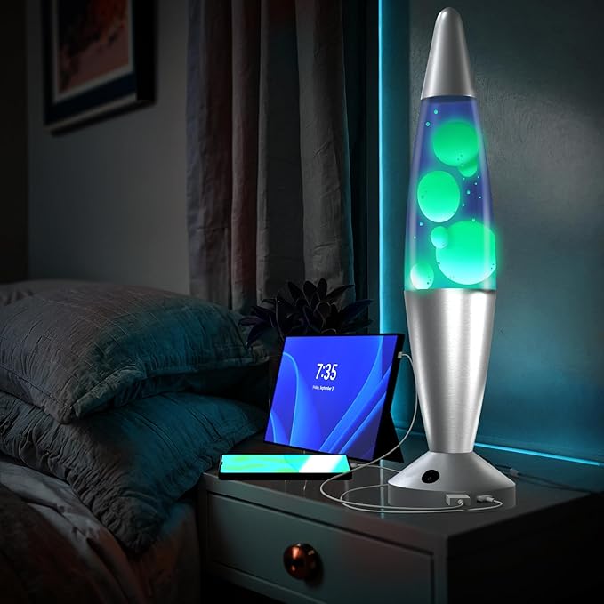 JAMBO Beautiful Liquid Lamp with USB Ports, 16" Motion Light with Blue Liquid Yellow Wax, Relaxing Nightlight, Mood Light for Bedroom, Living Room, Office - Adults, Teens, Kids
