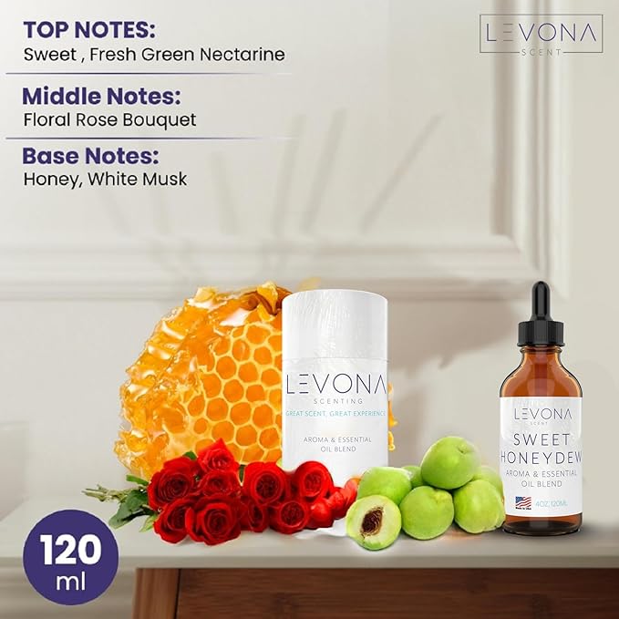 Levona Scent Oil Diffuser Essential Oils: Essential Oils Home Luxury Scents - Sweet Honeydew Essential Oil - Sweet & Fresh Notes of Nectarine and Floral Rose Essential Oil - 120 Ml Fragrance Oils