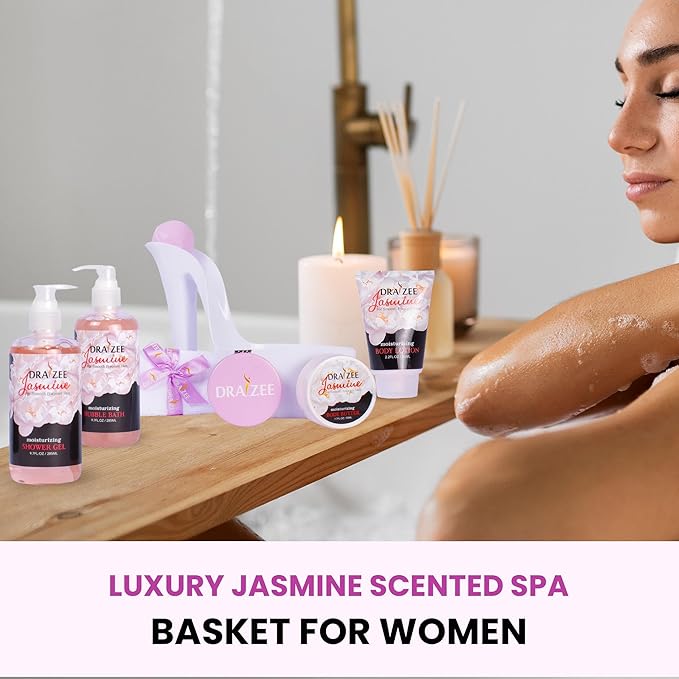 Luxury Spa Gifts for Women – 8 Pc Jasmine Scented Bath and Body Set with Bubble Bath, Lotion & More – Luxury Self Care Kit for Wife, Mom, Girlfriend, Birthday Gifts for Women by Draizee