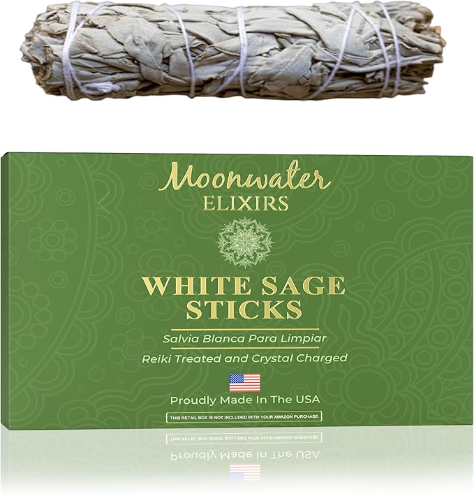 White Sage Smudge Sticks - Salvia Blanca - Reiki & Full Moon Charged with Quartz Crystals for Energy Clearing, Meditation, Negative Energy Removal, Purification, Spiritual Healing, Incense Wands (1)