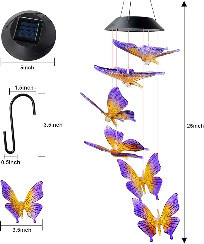 JOBOSI Colorful Butterfly Solar Lights for Outside, Mother's Day Women's Gifts, Solar Butterfly Wind Chimes, Birthday Gifts for Women, Mom, Grandma, Garden Lawn Yard Outdoor Decor Mobiles Wind Chime