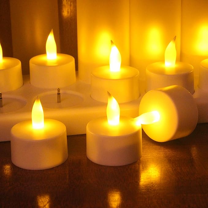 Esup Rechargeable Candles Flameless Flickering Candles Tealights 12pcs/Set with White Base, Decoration Parties, Weddings, Bar, Family, Dinner Outdoor Picnic