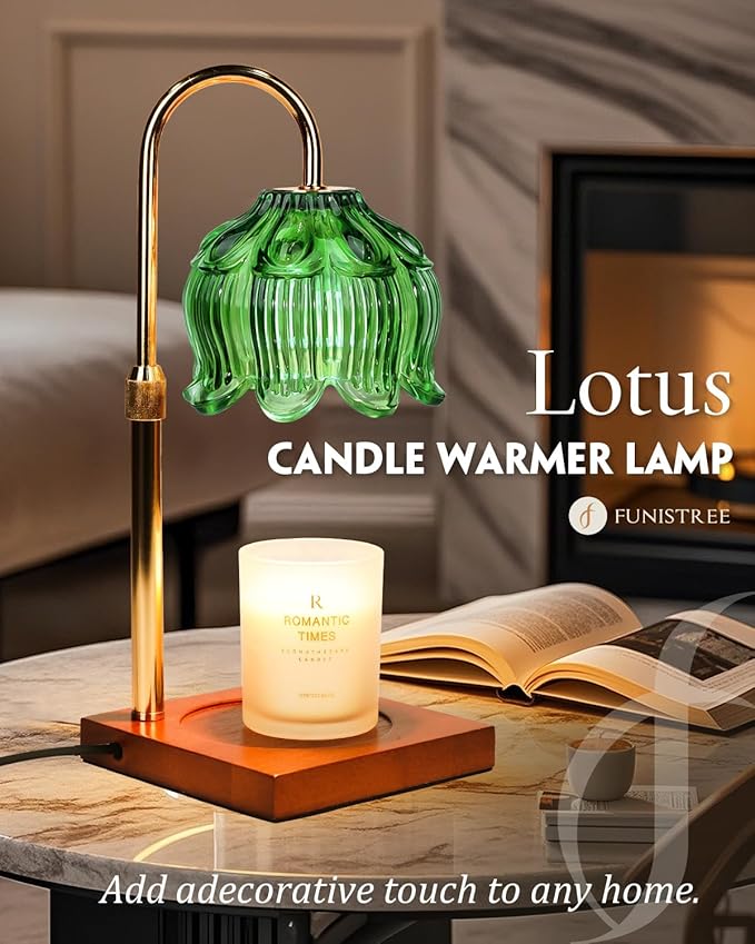 Candle Warmer Lamp with Timer Dimmable, Height Adjustable Birthday Gifts for Women Mom House Warming, Home Decor, Lotus Flower Candle Lamp Warmer 2 Bulbs Inc (Green)