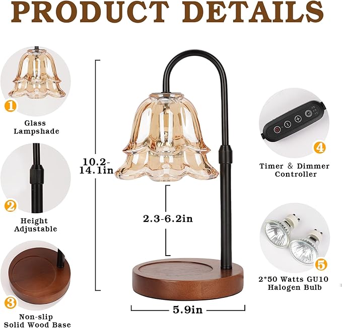 Candle Warmer Lamp with Timer Dimmable, Height Adjustable Birthday Gifts for Women Mom House Warming, Home Decor, Lotus Flower Candle Lamp Warmer 2 Bulbs Inc (Amber-1)