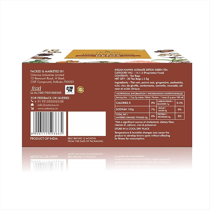 Octavius Indian Kahwa Detox Green Tea Bags - 30 Tea Bags (2gm x 30 Teabags) | 100% Natural | Antioxidant-rich | Improves Metabolism | Detox Green Tea Bags | May Help In Weight-loss