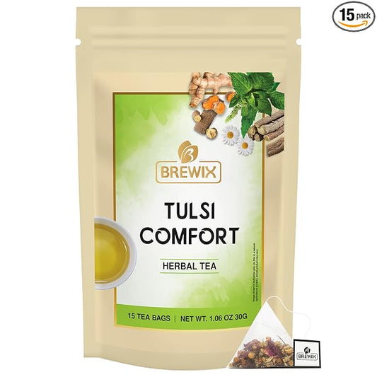 BREWIX Holy Basil Tea Bags (15 Pyramid Tea Bags) | Tee With Tulsi Leaves and Chamomile | Caffeine Free, Calming Herbal Tea With Fresh and Cool Flavor