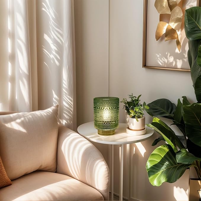 Battery Operated Lamp with Auto-Off Timer, Cordless Table Night Light for Bedroom & Entryway, Portable LED Lamp for Home, Outdoor, Camping No Battery Included (Pearl Design-Green)