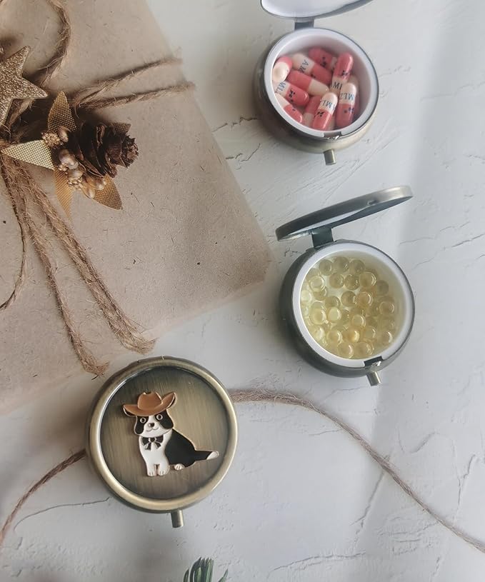 Cute Daily Pill Organizer Box - Round Metal Pill Box Medicine Pill Case Travel Weekly Vitamin Pill Organizer Small Pill Box for Purse, Mini Pocket Pill Case for Purse (Cutedog)