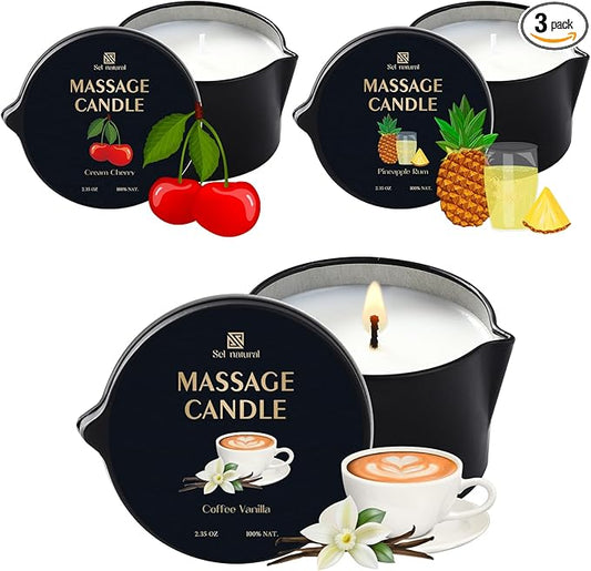 3 Pack Soy Massage Oil Candles 2.35oz Low Temp Massage Candles 3 Scent Spa Therapy Body Oil Home Gift for Relaxation, Couples, or Self-Care (Cream Cherry, Coffee Vanilla, Pineapple Rum)