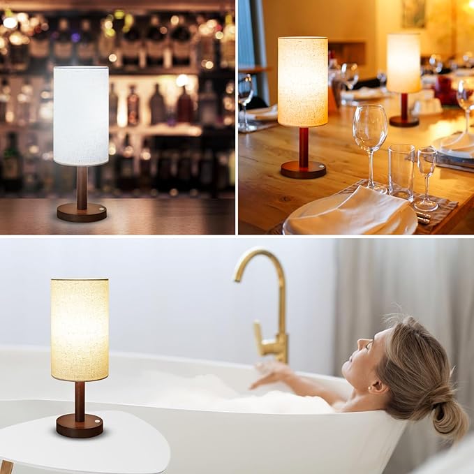 Cordless Table Lamp, 3 Color Dimming Portable Battery Lamp, Touch Control Wood Base Small Bedside Lamps for Night Stands, Living Room, Office(LED Bulb Included) (Cordless Wood Base)