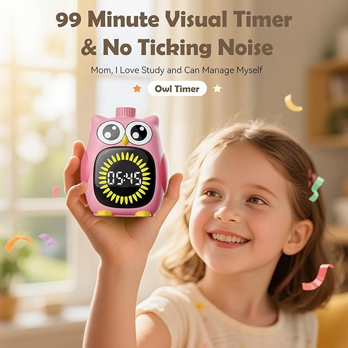Doli Yearning Visual Timer for Kids, 99 Minute Cute Owl Digital Countdown Timer for Home School Classroom Supplies Study, Silent Time Management Tool (Pink)