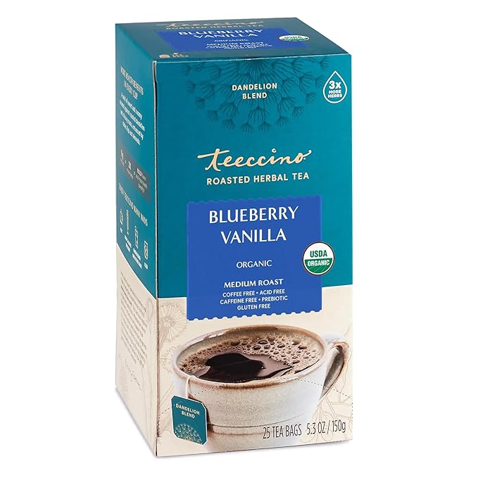 Teeccino Dandelion Blueberry Vanilla Herbal Tea - Rich & Roasted Herbal Tea That’s Caffeine Free & Prebiotic for Natural Energy, Coffee Alternative, 25 Count