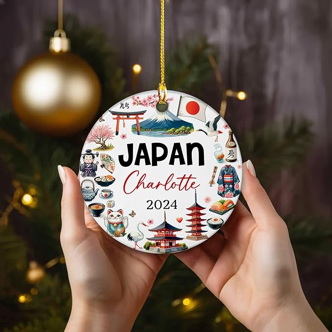 Japan Culturally Artistic Ceramic Ornament Xmas 2025, Personalized Japan Landmark Christmas Ornament, Japan Travel Souvenir Xmas Tree Ceramic Ornament, Custom Name Tokyo City Christmas Keepsake Decor