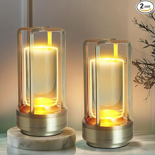 Crystal Lantern Lights Set of 2, Battery Operated Rechargeable Cordless Crystal Table Lantern Lamp with 3-Color, Small LED Desk Lamp for Indoor/Outdoor Patio Camping Bar Restaurant(Silver)