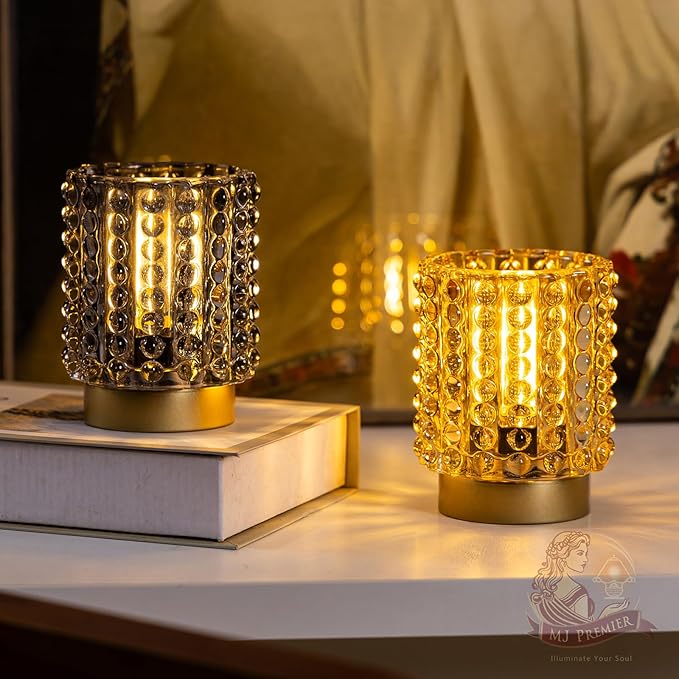 Battery Operated Lamp with Timer, Mini Crystal Table Lamps for Home Decor, Small Cordless Lamp for Areas No Outlets, Glass Battery Powered Lamps for Entryway, Bedroom, Bathroom, Shelf, Corner(Yellow)