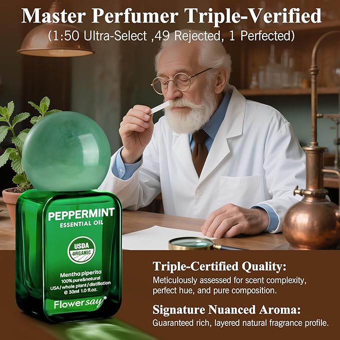 Flower Say Peppermint Essential Oil for Diffuser, USDA Organic Mint Oil for Hair Growth, 100% Pure Peppermint Oil for Skin, Aromatherapy, Candle Making & Garden Care-30ml