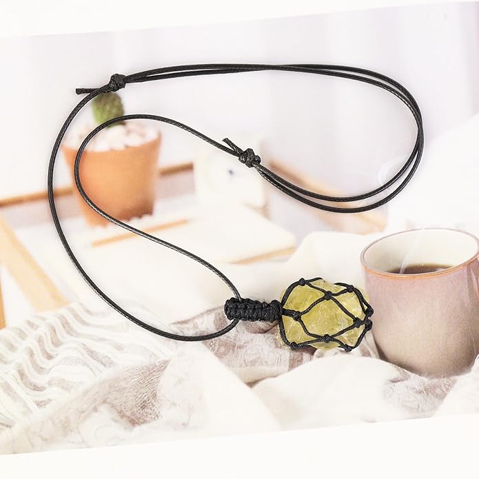 Handmade Natural Gemstone Crystal Pendant Necklace Stone Holder Necklace Cord Net Necklace with Adjustable Length for Women Men