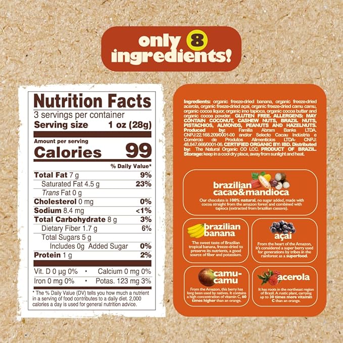 Naturanic Brazilian Dark Chocolate Covered Freeze-Dried Banana Snack, Gluten Free, No sugar, All Natural, Organic, Vegan - Pack of 2