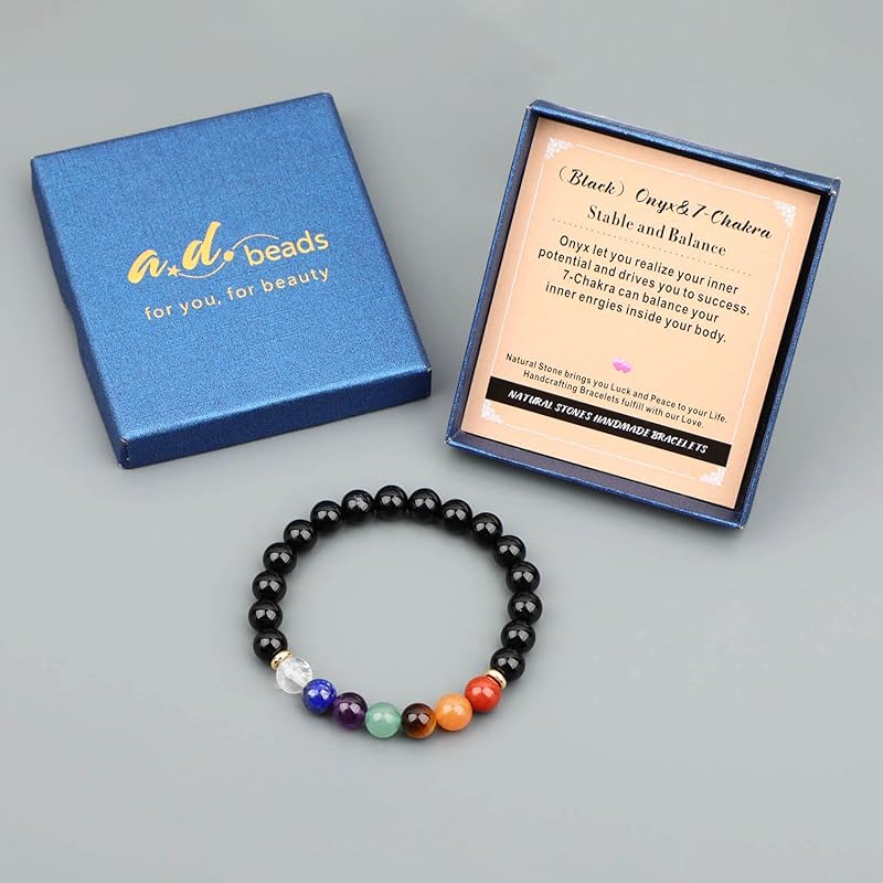 AD Beads Handmade Gemstone Stretch Elastic Bracelet Crystal Healing Reiki Nature's Beauty and Spiritual Essence Unisex (8mm, Onyx & 7-Chakra (Stable and Balance))
