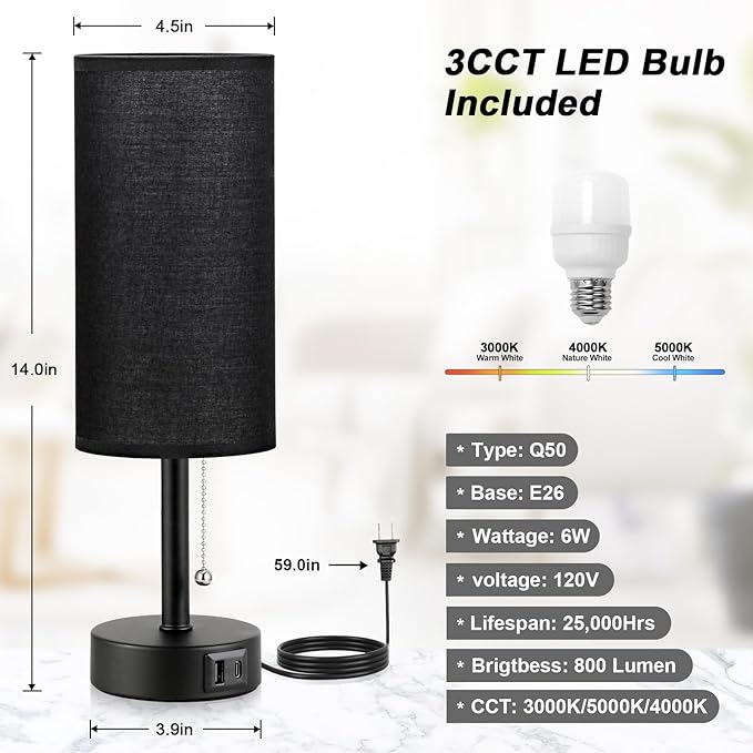 Black Bedside Lamp for Bedroom Nightstand - Small Table Lamp with USB A + C Charging Port, 3 Color Temperatures Pull Chain Night Stand Light with Bulb， Side Table Desk Reading Lamp for Living Room