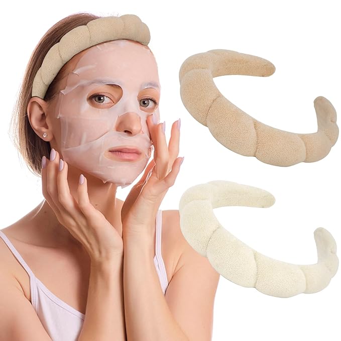 AMCAMI 2 PCS Puffy Spa Headband for Women Sponge Headbands for Girls Terry Towel Cloth Fabric Head Band for Skincare, Makeup Removal(Beige&Light coffee)