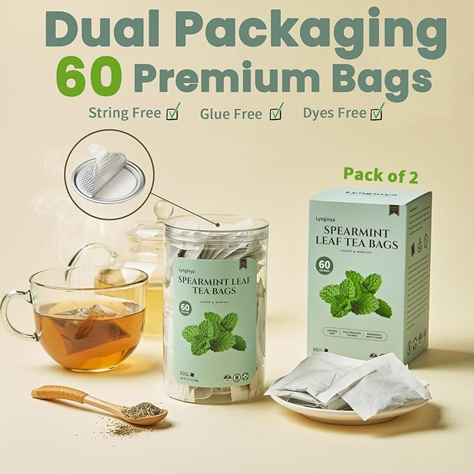 Lynginya Spearmint Tea, 60 Tea Bags (Pack of 2) - Premium Spearmint Leaves - Natural Herbal Tea - Refreshing & Minty - No Sugar & No Caffeine - Total 120 Bags