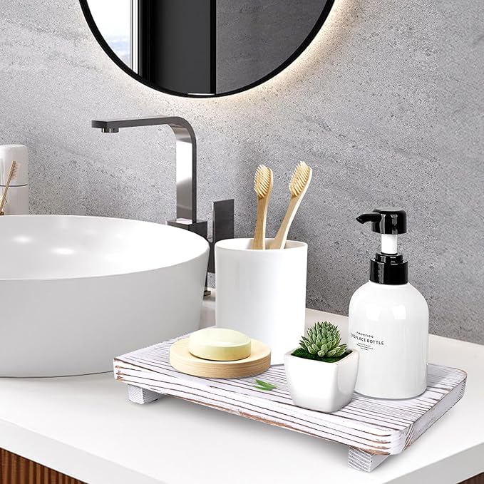 Bathroom Counter Tray Wood Pedestal Stand White Kitchen Countertop Trays Decorative Dish Soap Dispenser Holder for Bathroom Sink Accessories Wooden Riser Display Stands Kitchen Decor Vanity Tray