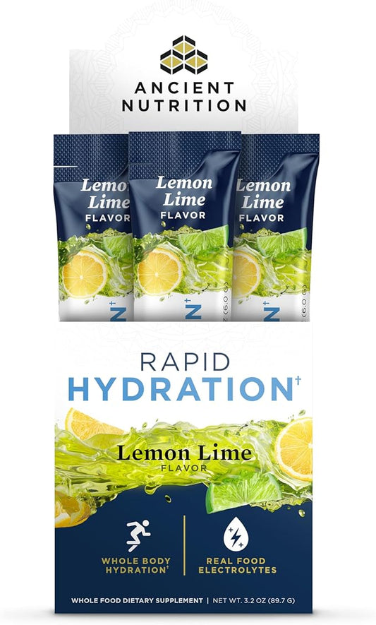 Ancient Nutrition Rapid Hydration Powder, Lemon Lime, Electrolytes from Natural Sea Salts and Red Marine Algae, Supports Rapid Body Hydration and Cellular Health, 15 Servings