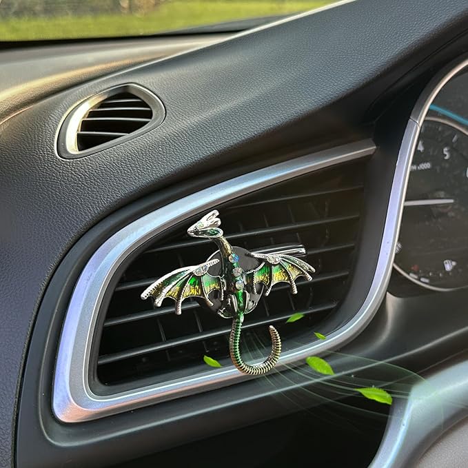 Dargon Air Vent Clips Car Air Freshener 2pcs Bling Green Dragon Car Accessories Enamel Fire Dragon Wyvern Vent Clips Refillable Car Essential Oil Outlet Diffuser Gothic Car Decor