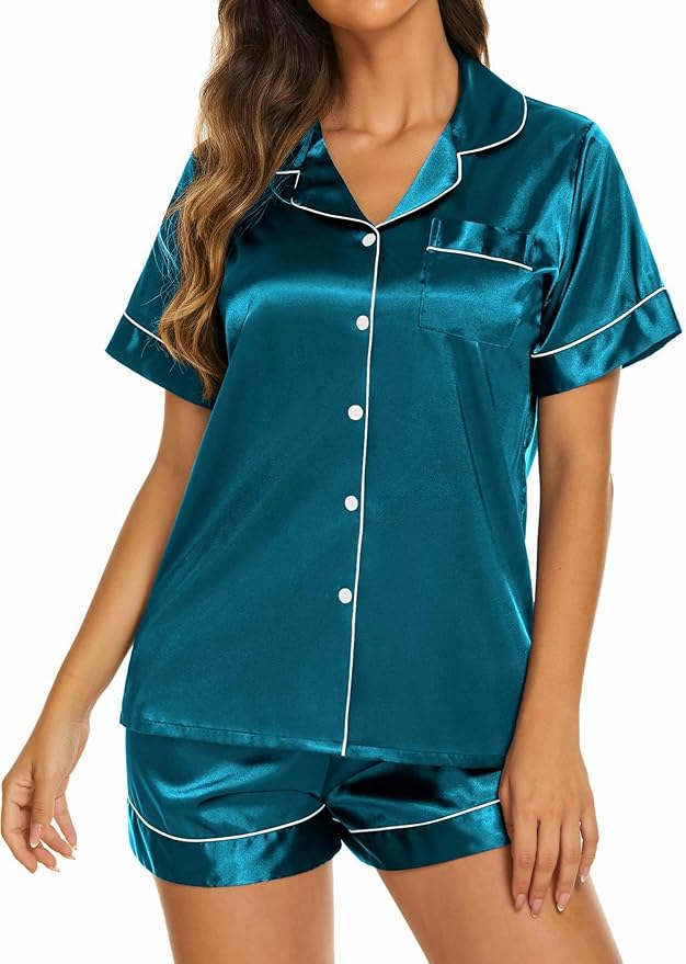 Ekouaer Silk Pajamas for Women Short Sleeve Sleepwear Soft Button Down Loungewear 2 Piece Satin Pjs Shorts Set S-XXL