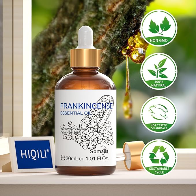 HIQILI 30ML Frankincense Essential Oil, Relaxing, Skin Care, Camp Atmosphere Creation, Can be Added to Body Lotions, Creams, Aromatherapy Use - 1 Fl Oz