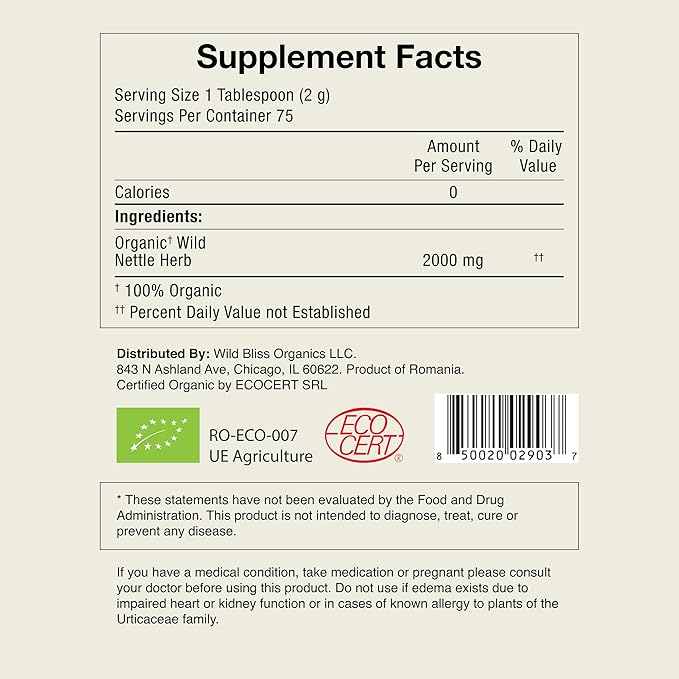 Organic Wild Stinging Nettle Leaf Tea - Caffeine Free Loose Leaf Herbal Tea - 5.3 Oz - 75 Servings