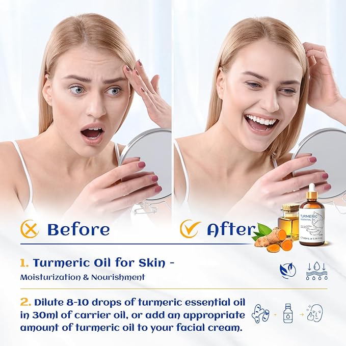 HIQILI 100ML Turmeric Oil for Face Skin Care, Aromatherapy,100% Pure, Use After Dilution- 3.38 Fl Oz