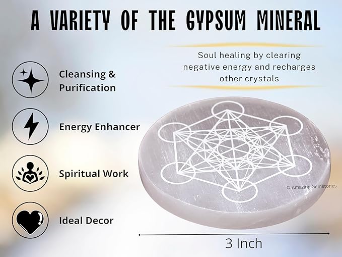 Amazing Gemstone Selenite Crystal Charging Plate For Crystals And Healing Stones, 3" Selenite Crystal Plate Engraved Metatron Coaster For Home, Office Table Decor (Selenite Round Disc)