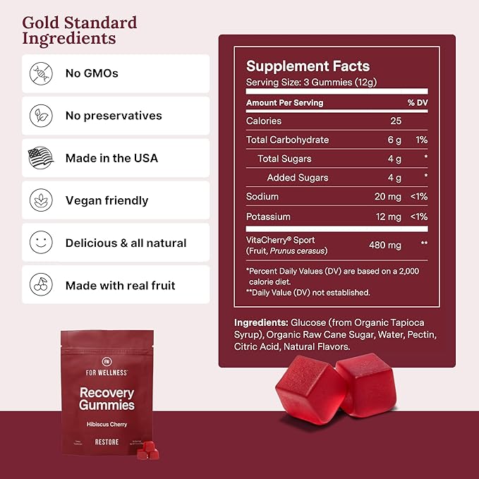 For Wellness Recovery Gummies Restore | Tart Cherry Energy Supplements with Electrolytes for Muscle Soreness, Post-Workout Performance & Recovery | Vegan, Non-GMO, 30 Count