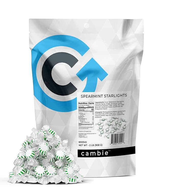 Arcor Spearmint Starlights Candy by Cambie | 2 lbs of Spearmint Starlight Mints | Individually Pinwheel Mint Hard Candy | Deliciously Sweet Mint Candy from Argentina, 2 lb
