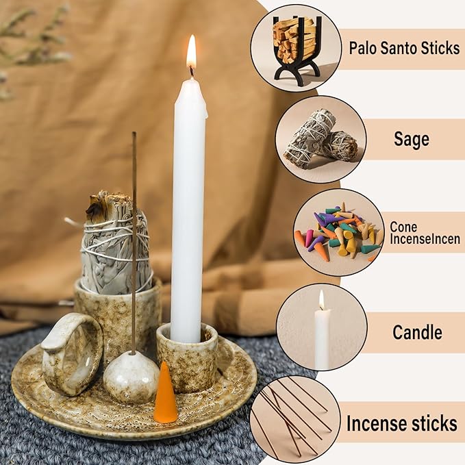5.1Inch 5-in-1 Ceramic Smudge Bowl Brown - Incense Stick Holder, Small Candle Holder, Smudge Bowl/Dish, Fits Palo Santo, Sage.Zen Altar for Meditation/Yoga, Aromatic Scents, Easy to Clean
