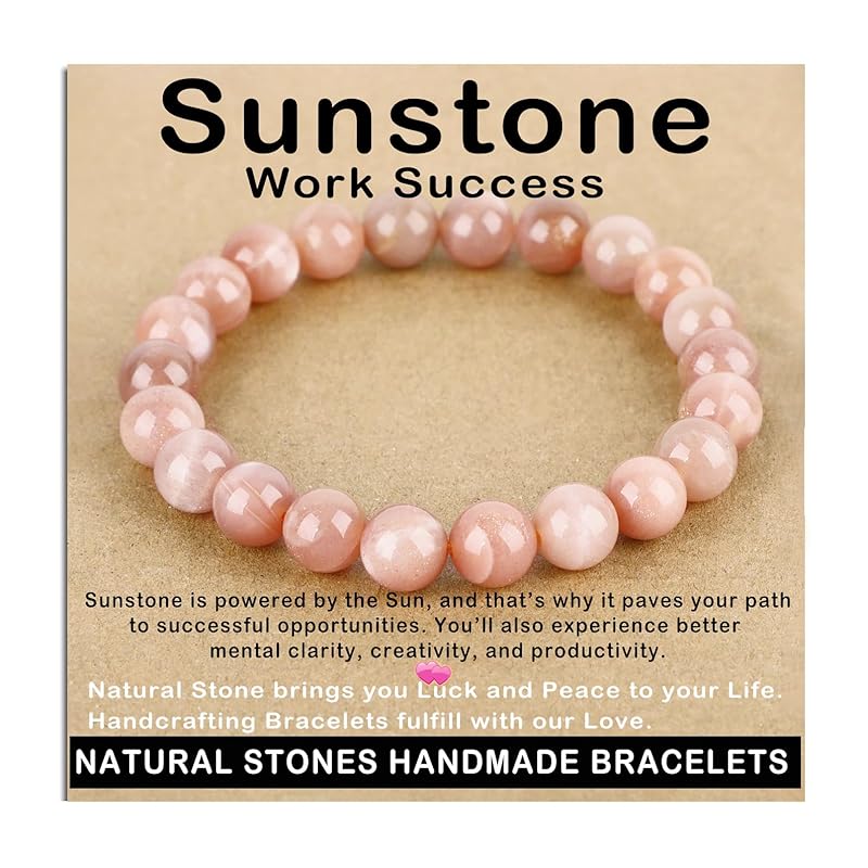 AD Beads Handmade Gemstone Stretch Elastic Bracelet Crystal Healing Reiki Nature's Beauty and Spiritual Essence Unisex (8mm, Sunstone (Work Success))