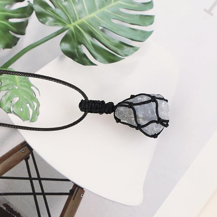 Handmade Natural Gemstone Crystal Pendant Necklace Stone Holder Necklace Cord Net Necklace with Adjustable Length for Women Men