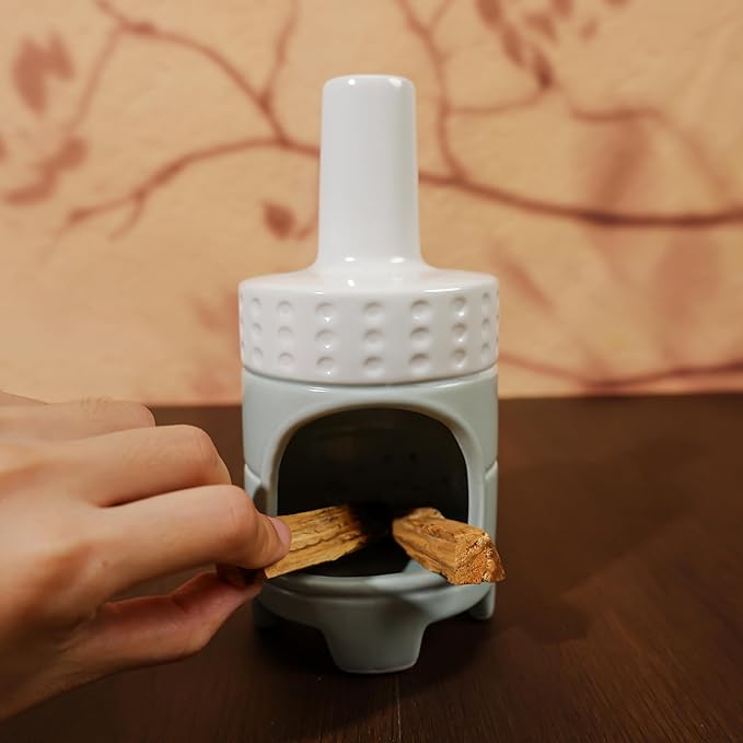 Handmade Ceramic Palo Santo Holder Burner - Mini Chiminea Incense Dish for Palo Santo Sticks & Sage -Cone Burner Elegant Design for Energy Cleansing, Yoga, Meditation & Aromatherapy Idea