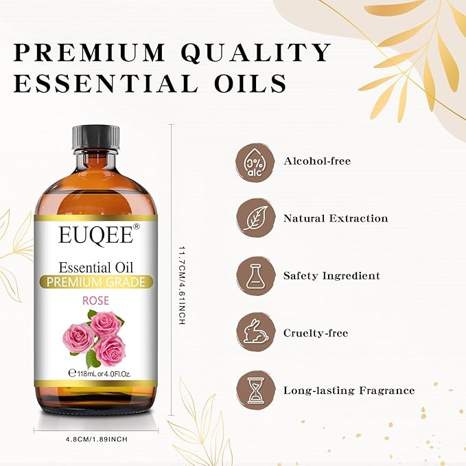 EUQEE Rose Essential Oil 118mL Large Capacity Rose Oil Premium Essential Oil with Glass Dropper for Diffuser, Soap & Candle Making, Aromatherapy - 4Fl. Oz