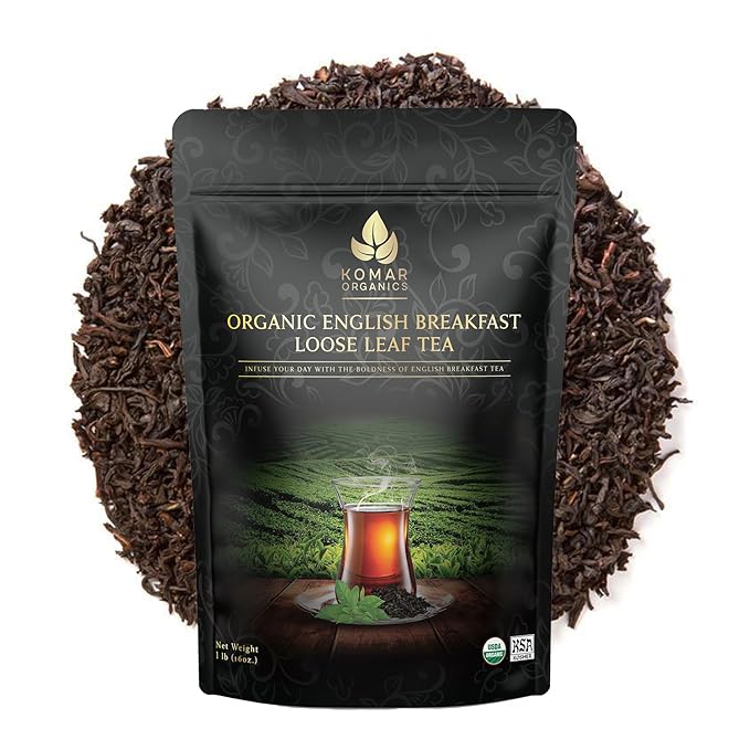 KOMAR ORGANICS English Breakfast Tea - 16oz USDA Organic Loose Leaf Tea Rich in Antioxidants - Balanced and Flavorful Black Tea for Energy Boost - 1 LB Certified Kosher Assam and Darjeeling Blend